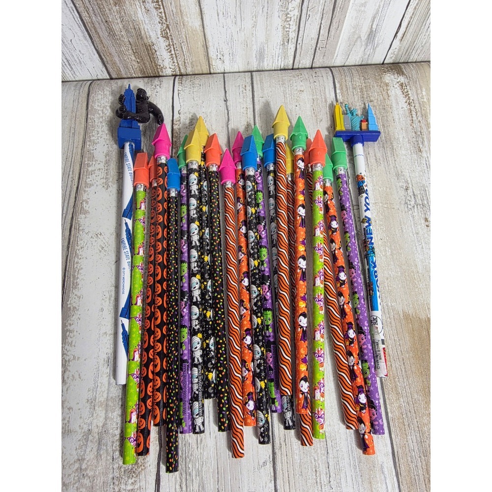Halloween Novelty Pencil Lot 22pc with NYC King Kong Statue of Liberty Toppers
